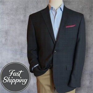 Jos. A. Bank Men’s 42L Gray Wool Blazer Sport Coat Glen Plaid 2 Button Jacket